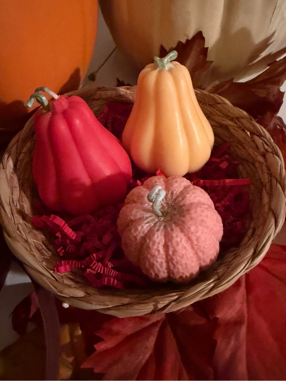 Decorative Soy candle Pumpkin Trio - Red, Orange, Pink. Pumpkin Pie Scent 9 oz